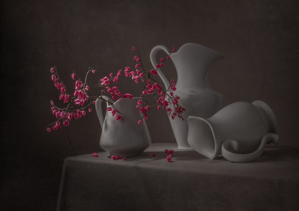 Roze bloemen en witte kannen door Margareth Perfoncio