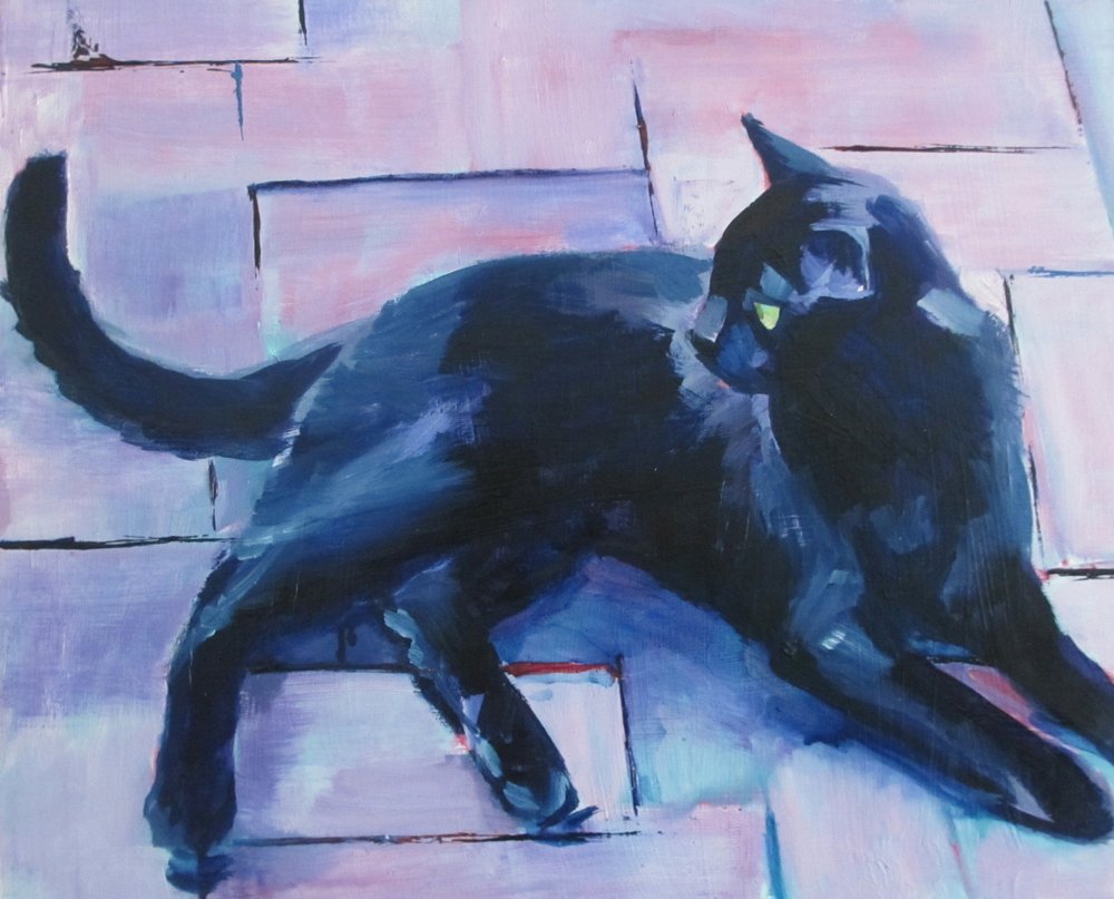 Zwarte kat, paarse vloer door Maxine Shore