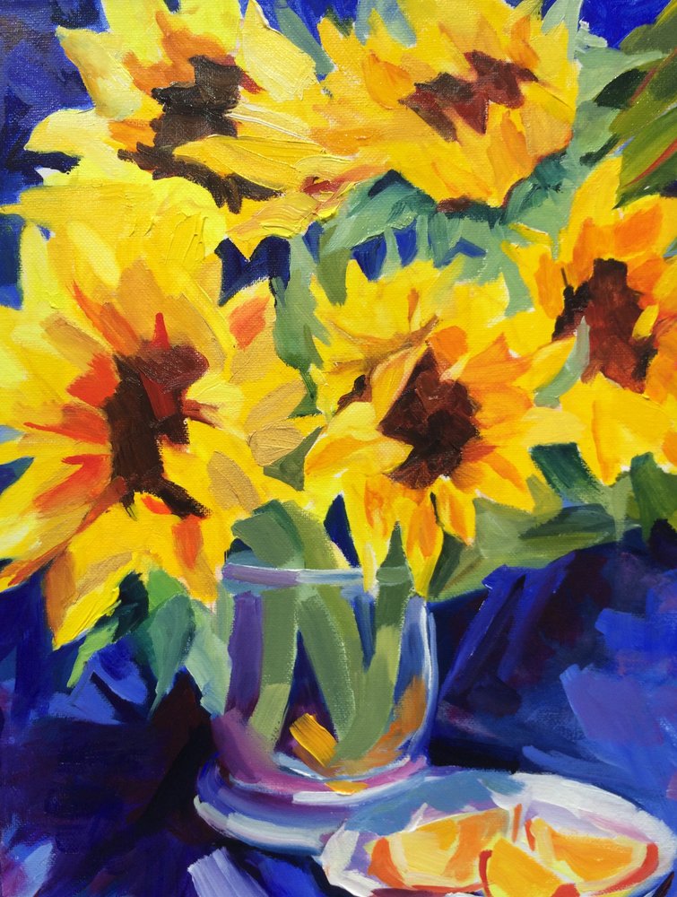 Gouden zonnebloemen in een vaas door Maxine Shore