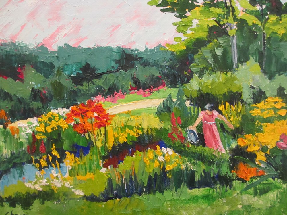 Vrouw in een kleurrijke tuin door Maxine Shore