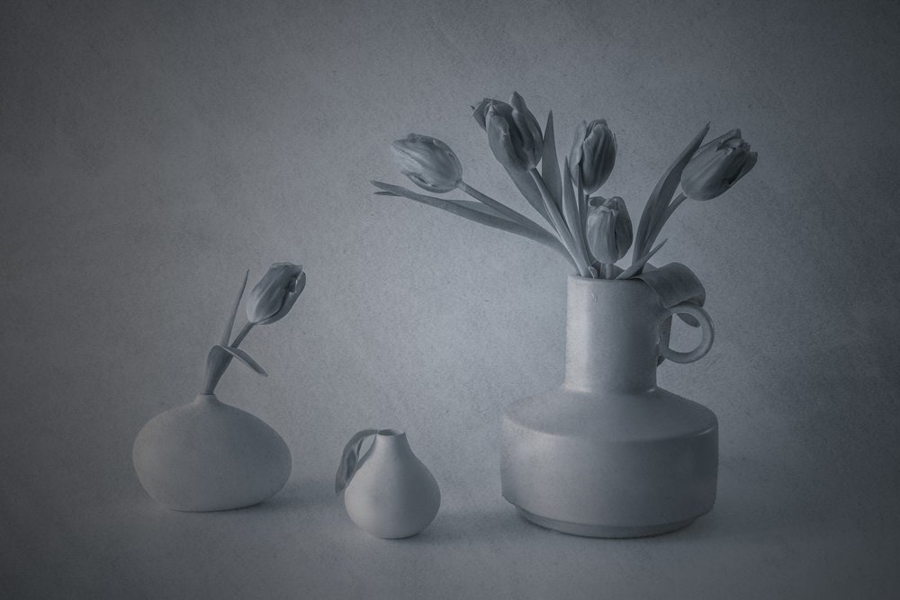 Stemmingsvol stilleven met tulpen door May G