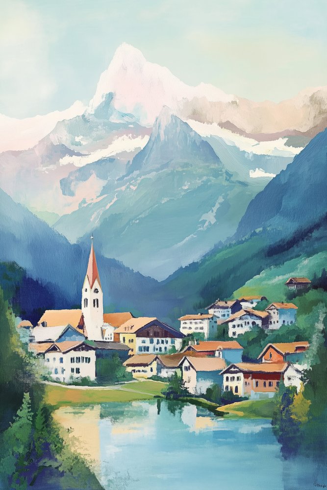 Alpine Village aan het meer door Melloi Art Prints