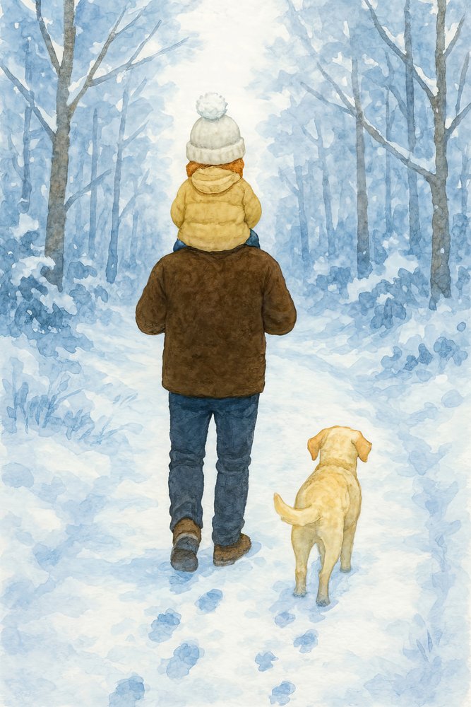 Kinderkamer: Winterwandeling met papa en de hond in een besneeuwd bos door Natalie Bruns