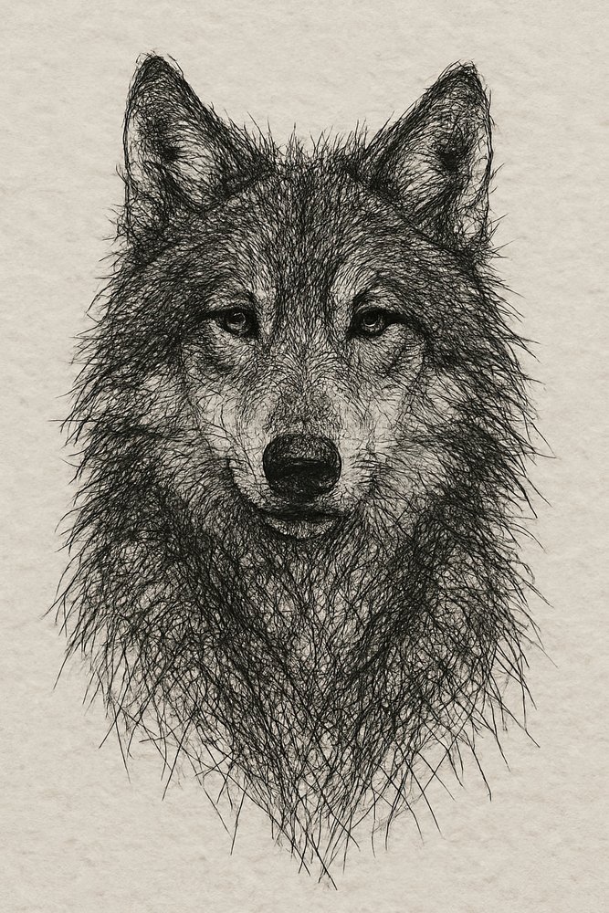 Gedetailleerde tekening van een wolf door Natalie Bruns