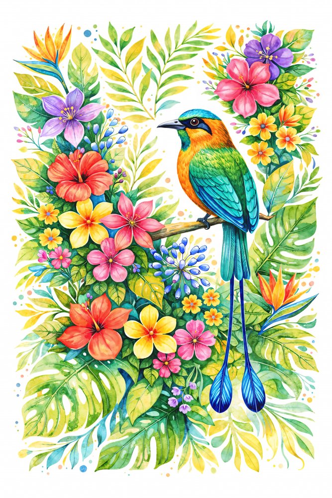 Motmot in tropische bloemen door Natalie Bruns