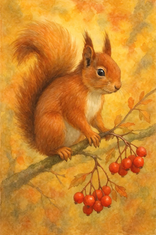 Rode eekhoorn en herfstbessen door Natalie Bruns