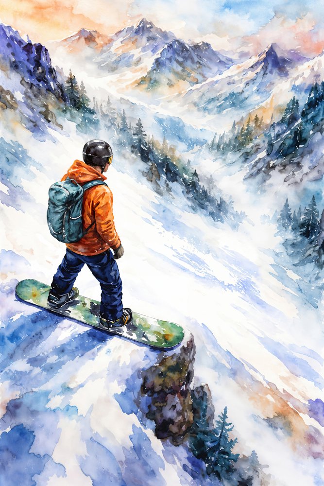 Het uitzicht van een snowboarder op de bergen door Natalie Bruns