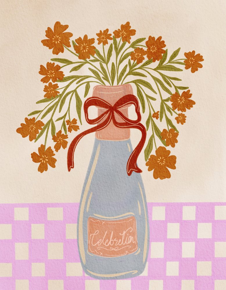 Feestelijke champagnefles met bloemen door Nikita Jariwala