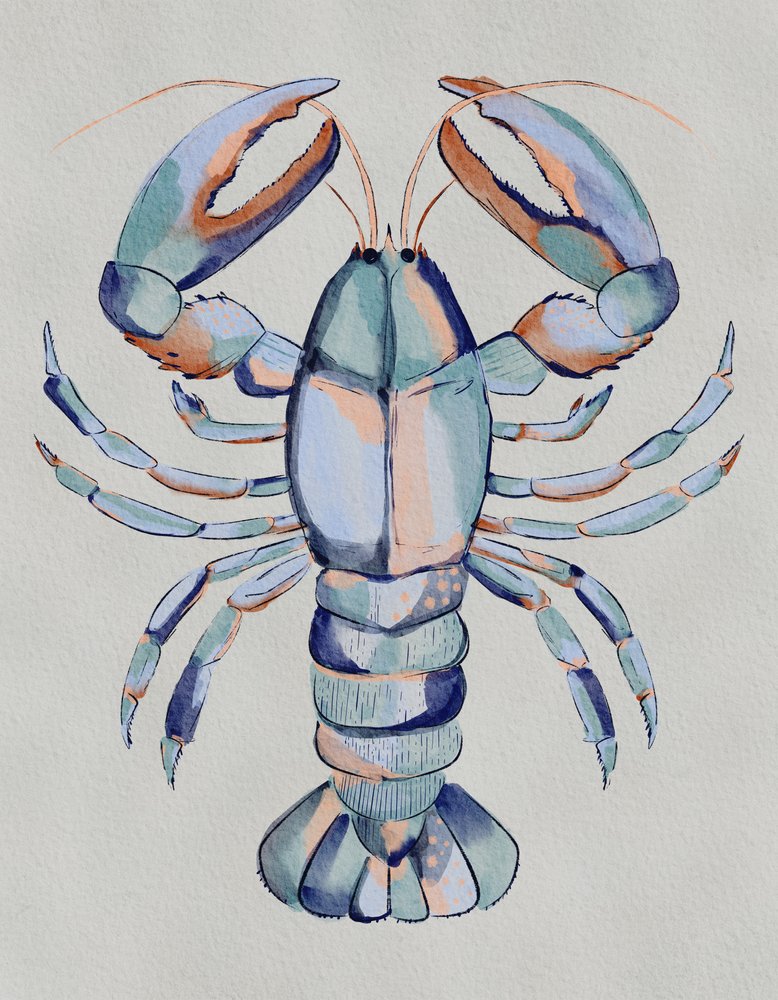 Blauwe kreeft in aquarel door Nikita Jariwala