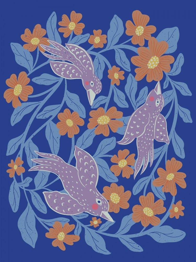 Speelse vogels en bloemen door Nikita Jariwala