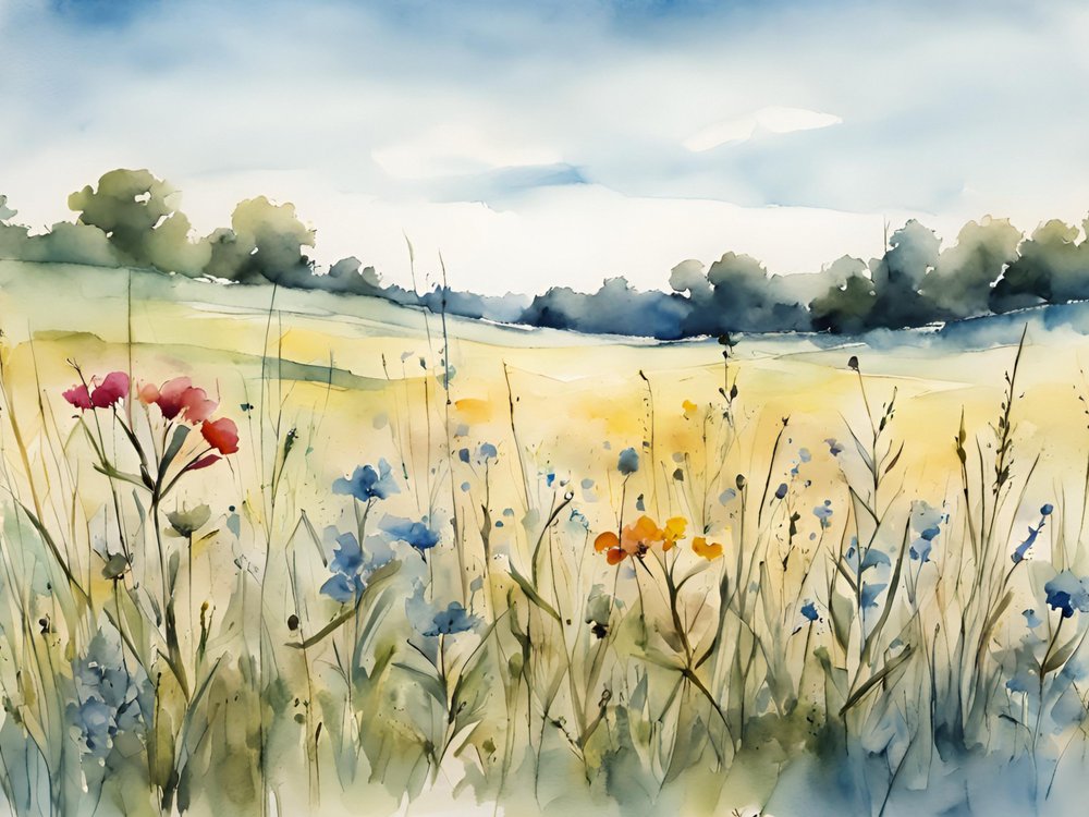Waterverfschilderij van een veld met wilde bloemen door Ohkimiko