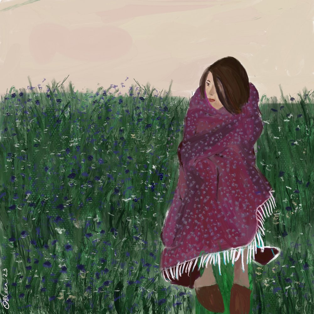 Vrouw in een veld met wilde bloemen door Osheensgallery