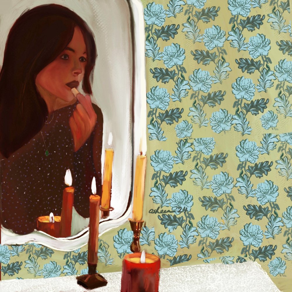 Reflectie van een vrouw bij kaarslicht door Osheensgallery