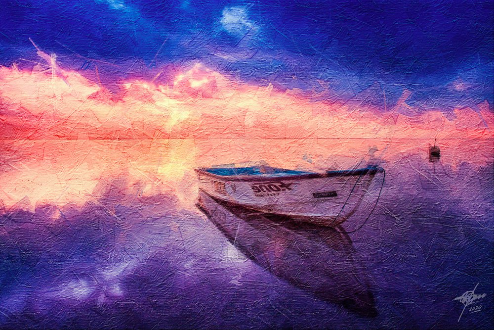 Rustige weerspiegeling van een boot bij zonsondergang door Osvaldo Russo