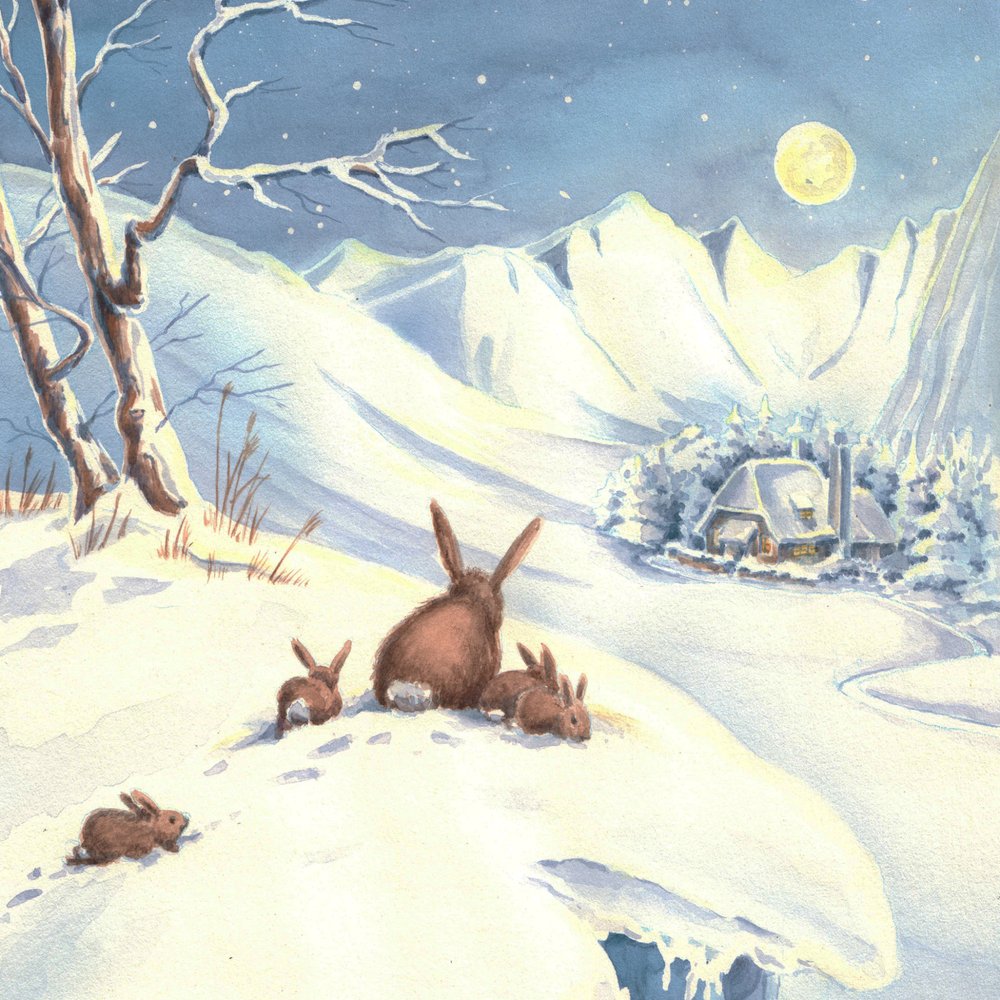 Konijnenfamilie op een besneeuwde nacht door Renate Holzner