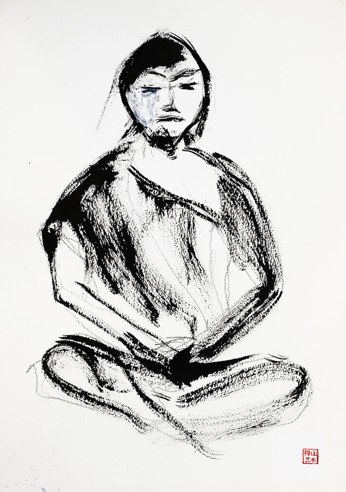 Inkttekening van een zen-mediteerder door RodMacIver