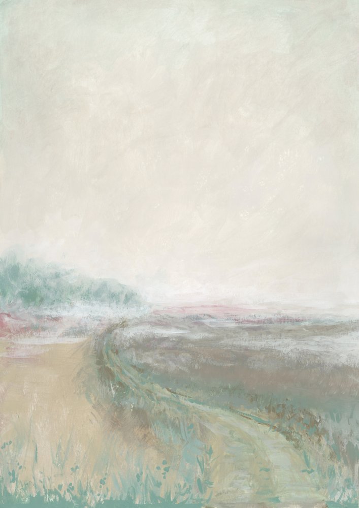 Nevelig pastelkleurig landschap door Rosana Laiz Blursbyai