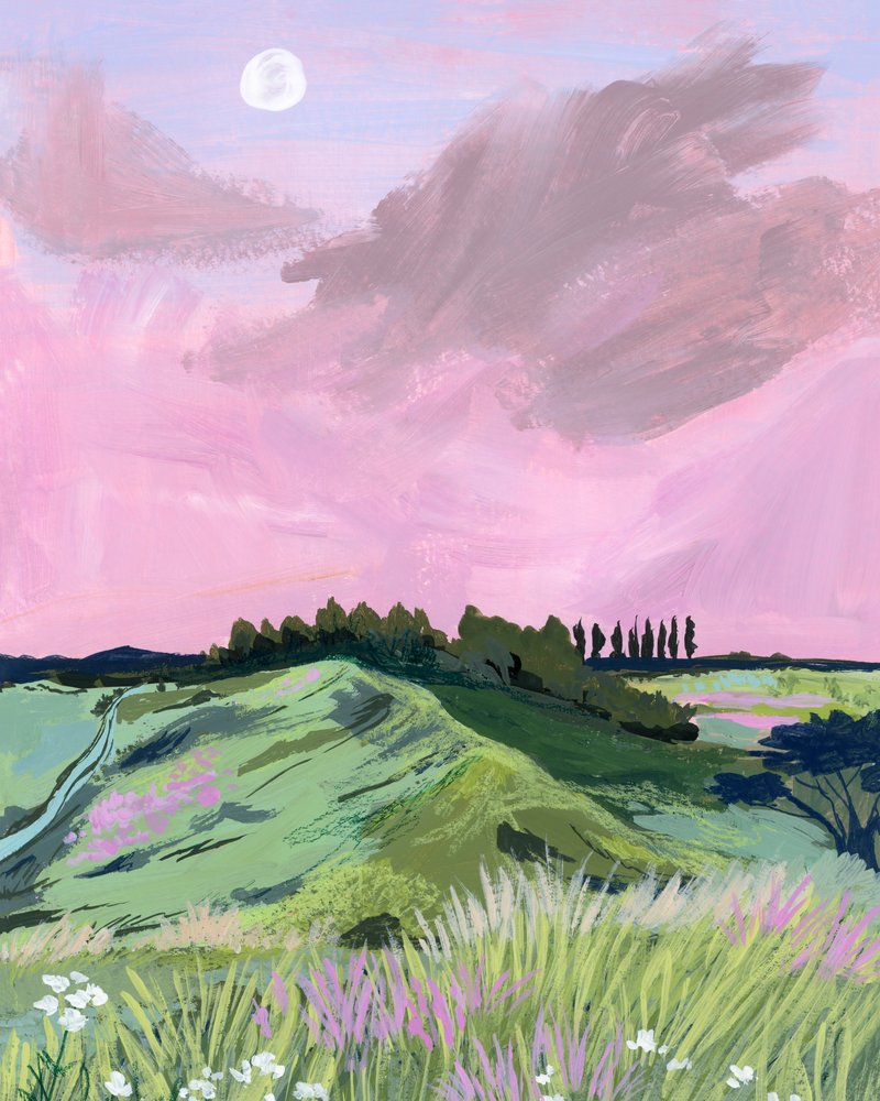 Roze lucht boven glooiende heuvels door Sarah Gesek