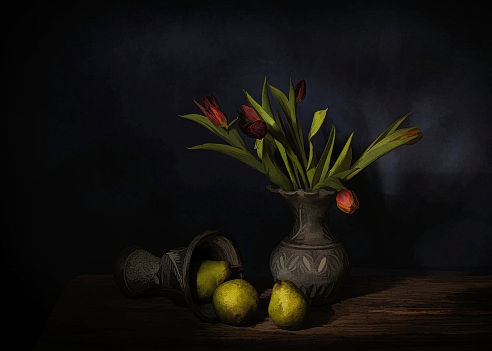 Stilleven met peren en tulpen door Saskia Dingemans
