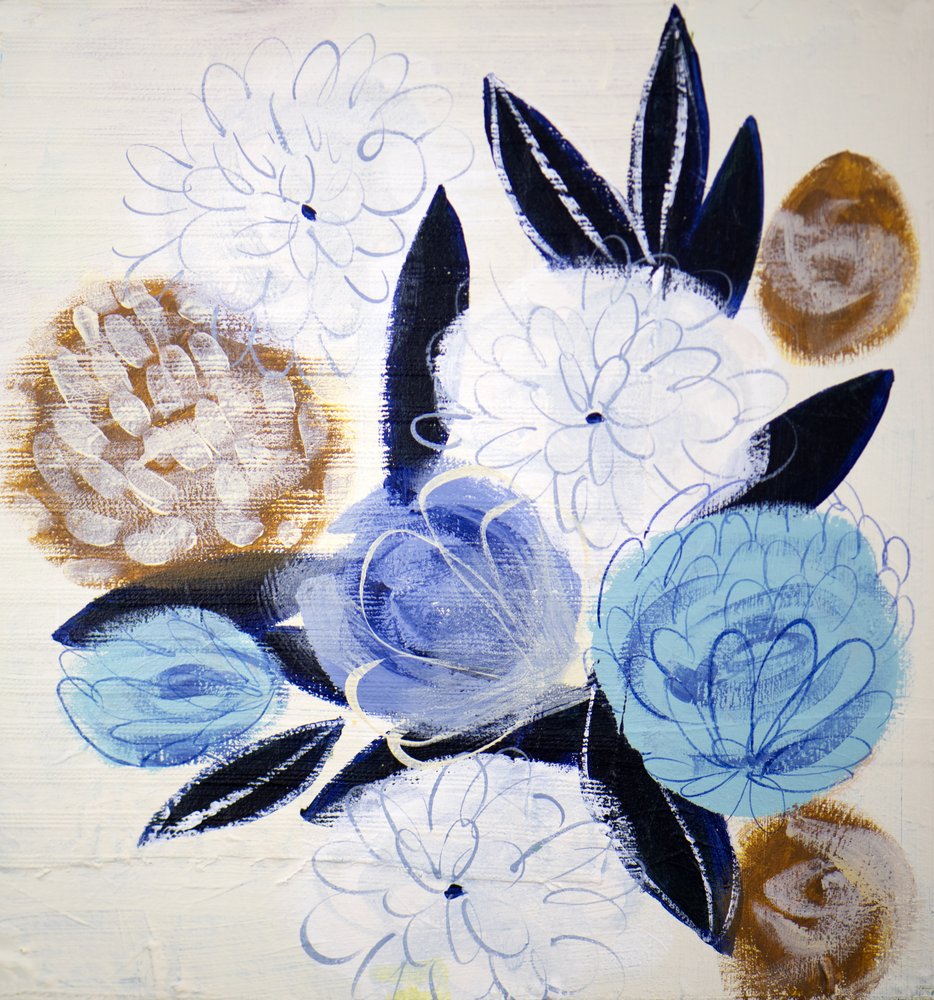 Abstracte blauw-gouden bloemen door Shelley Hampe