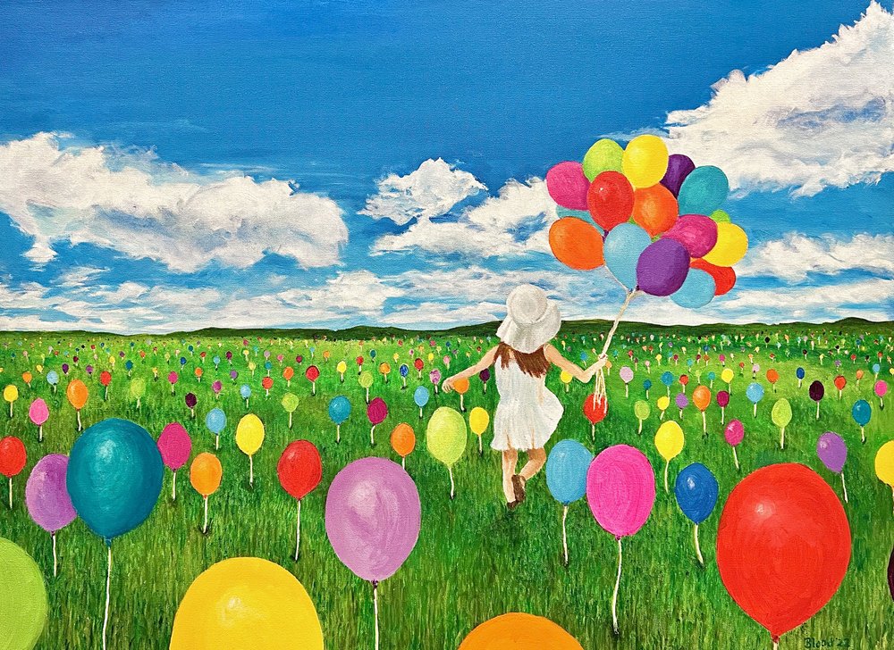 Ballonnenveld met vrolijke meisjes door Tom Blood