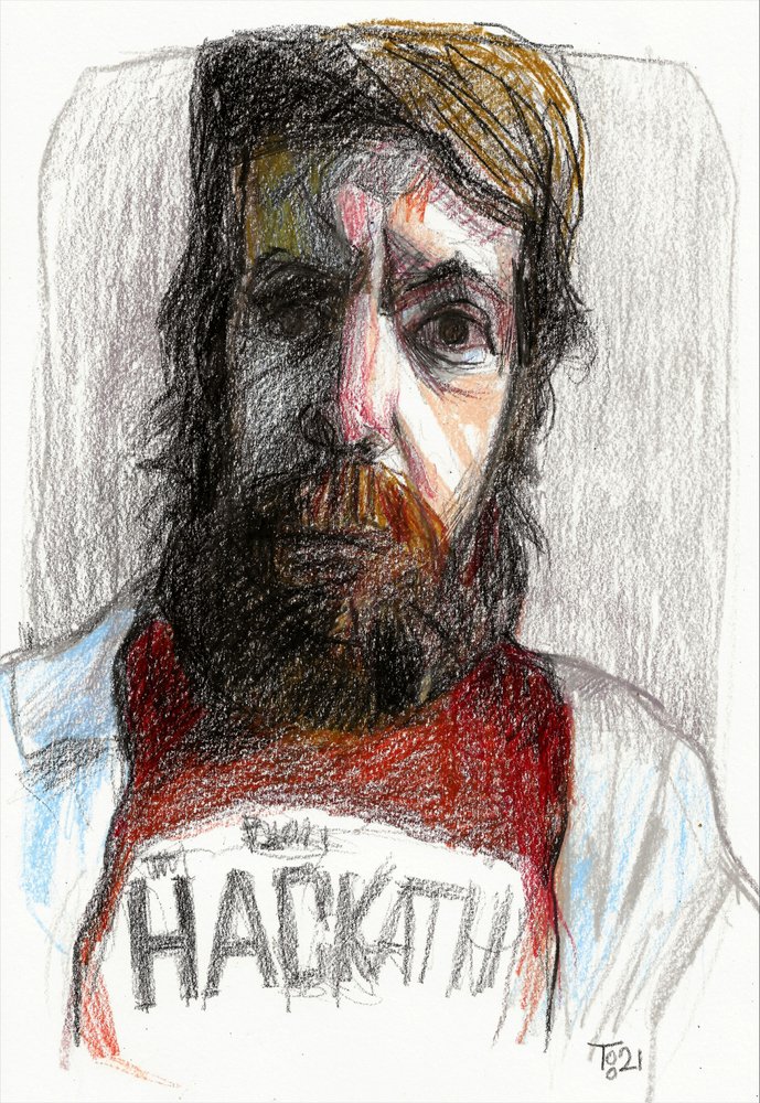 Tekening van een man met een volle baard door Tore Bahnson