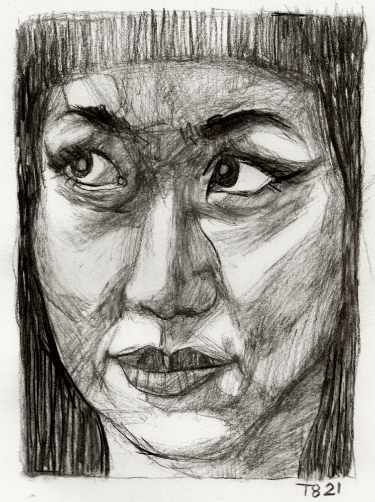 Tekening van een peinzende Aziatische vrouw door Tore Bahnson