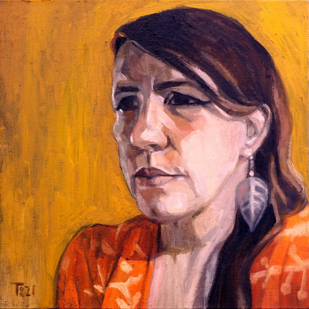 Peinzende vrouw in oranje door Tore Bahnson