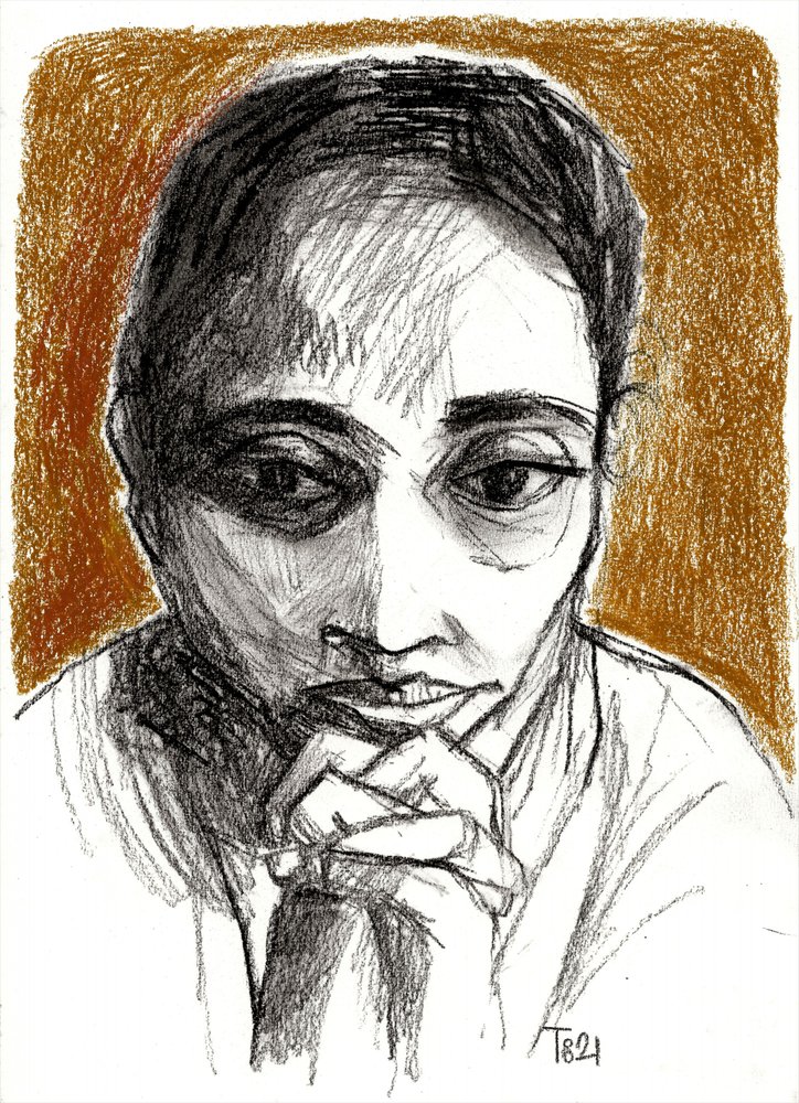 Tekening van een bedachtzame vrouw door Tore Bahnson