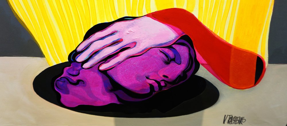 Paars hoofd, roze hand door Victor Tkachenko