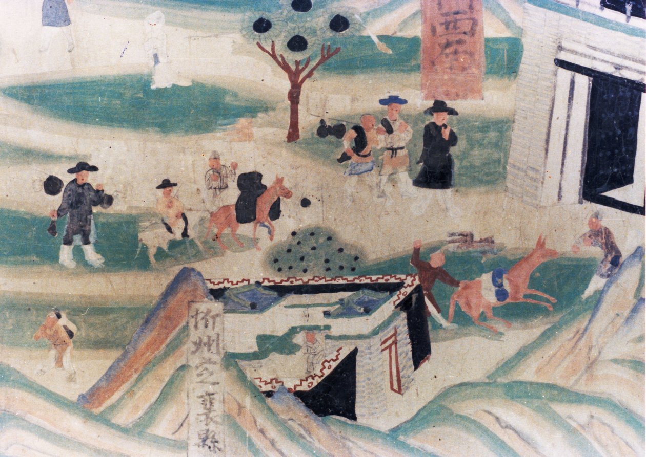 Detail van de Wutai Berg (Wutaishan) Kaart, een muurschildering gemaakt tijdens de Vijf Dynastieën (907 - 960) in de Dunhuang Grotten, die pelgrims toont die naar een herberg voor de nacht gaan door Unknown