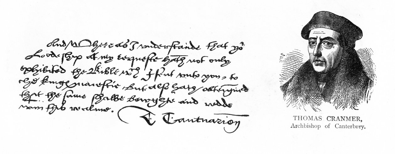 Handschrift en handtekening van aartsbisschop Cranmer uit een brief aan Thomas Cromwell, waarin hij hem bedankt voor het verkrijgen van de acceptatie van Henry VIII voor de Engelse vertaling van de Bijbel, 13 augustus 1537 door Unknown