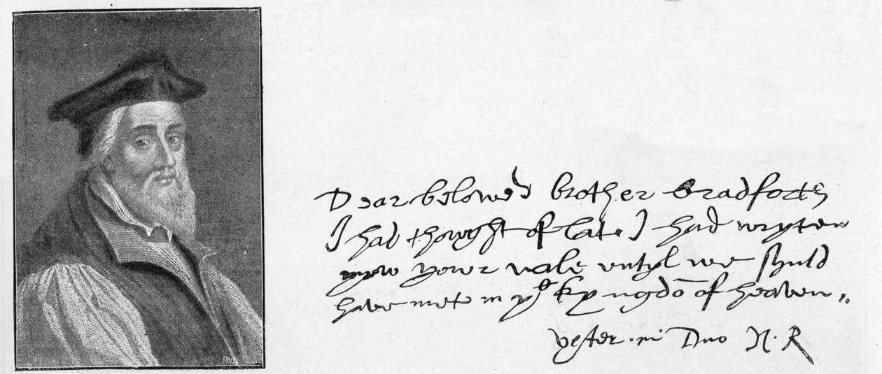 Handschrift en handtekening van bisschop Ridley uit een brief geschreven om John Bradford te troosten kort voor zijn dood, 1555 door Unknown