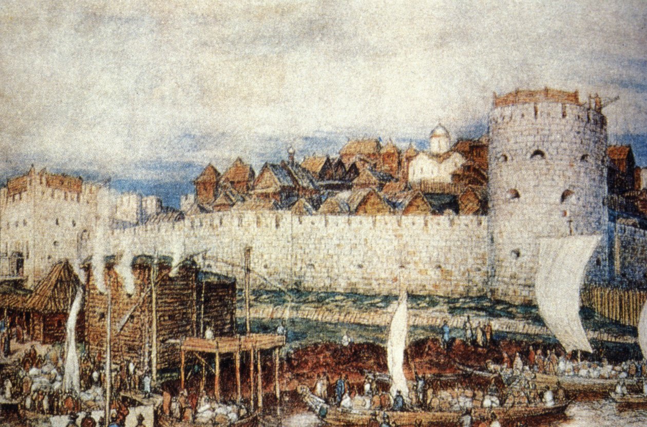 Moskou Kremlin in de 14e eeuw, in de dagen van Dmitri Donskoi door Unknown