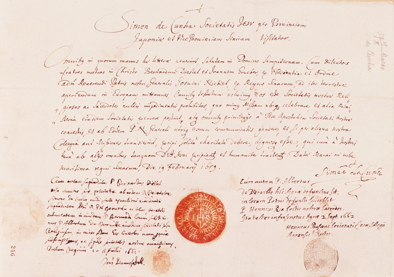 Paspoort uitgegeven aan Johann Grueber en Bernhard Diestel om de landroute van Europa naar Peking te vinden, 1616 door Unknown
