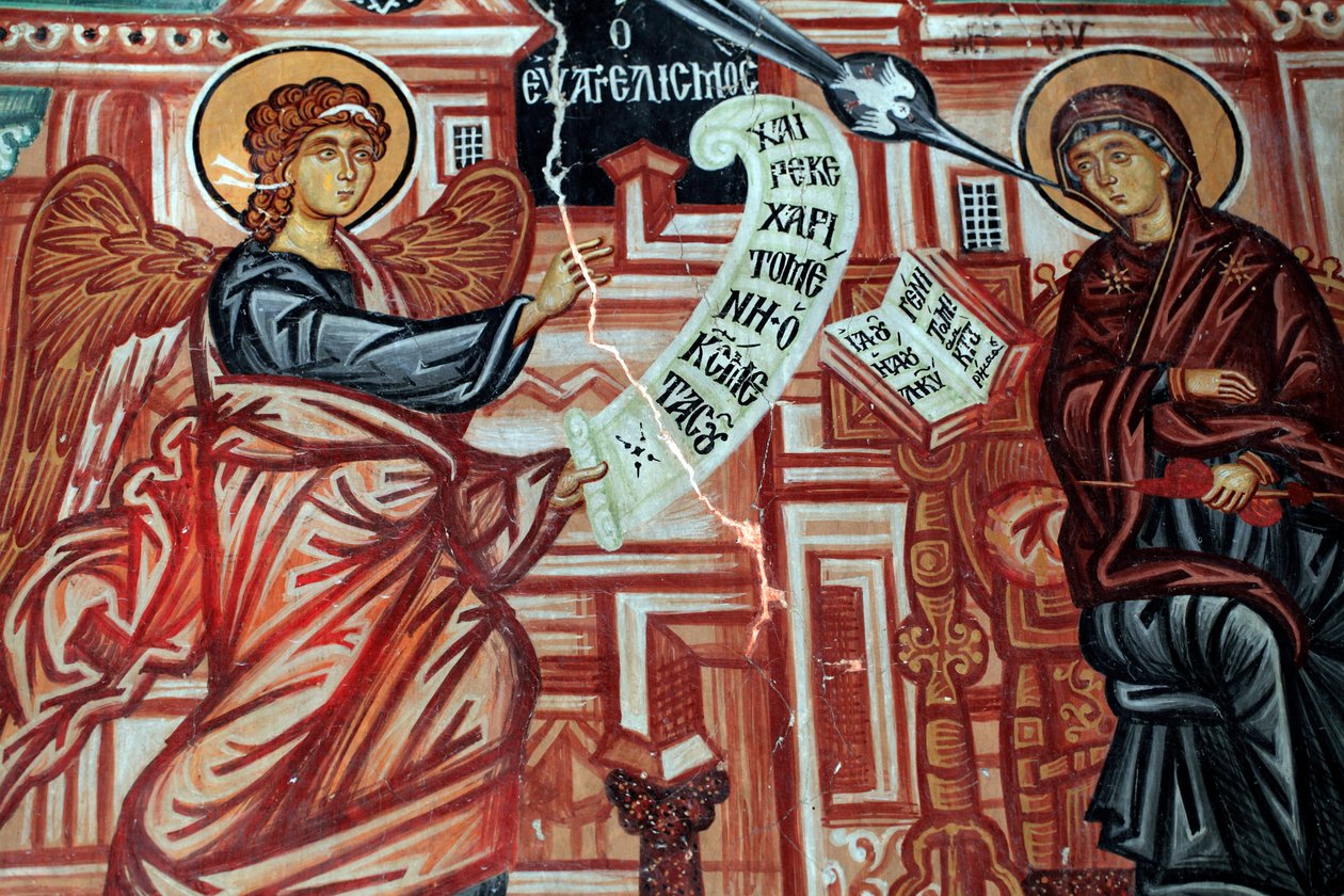 Byzantijns fresco uit de 15e eeuw, de Aankondiging aan de Heilige Maagd Maria, Michael Archangel Kerk in Pedoulas, Cyprus door Unknown