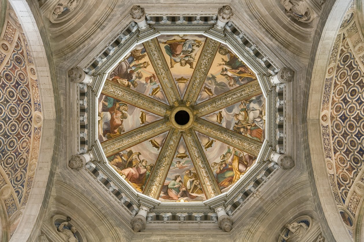 Uitzicht op het gewelf van het centrale schip met fresco, Certosa di Pavia, Lombardije, Italië door Unknown