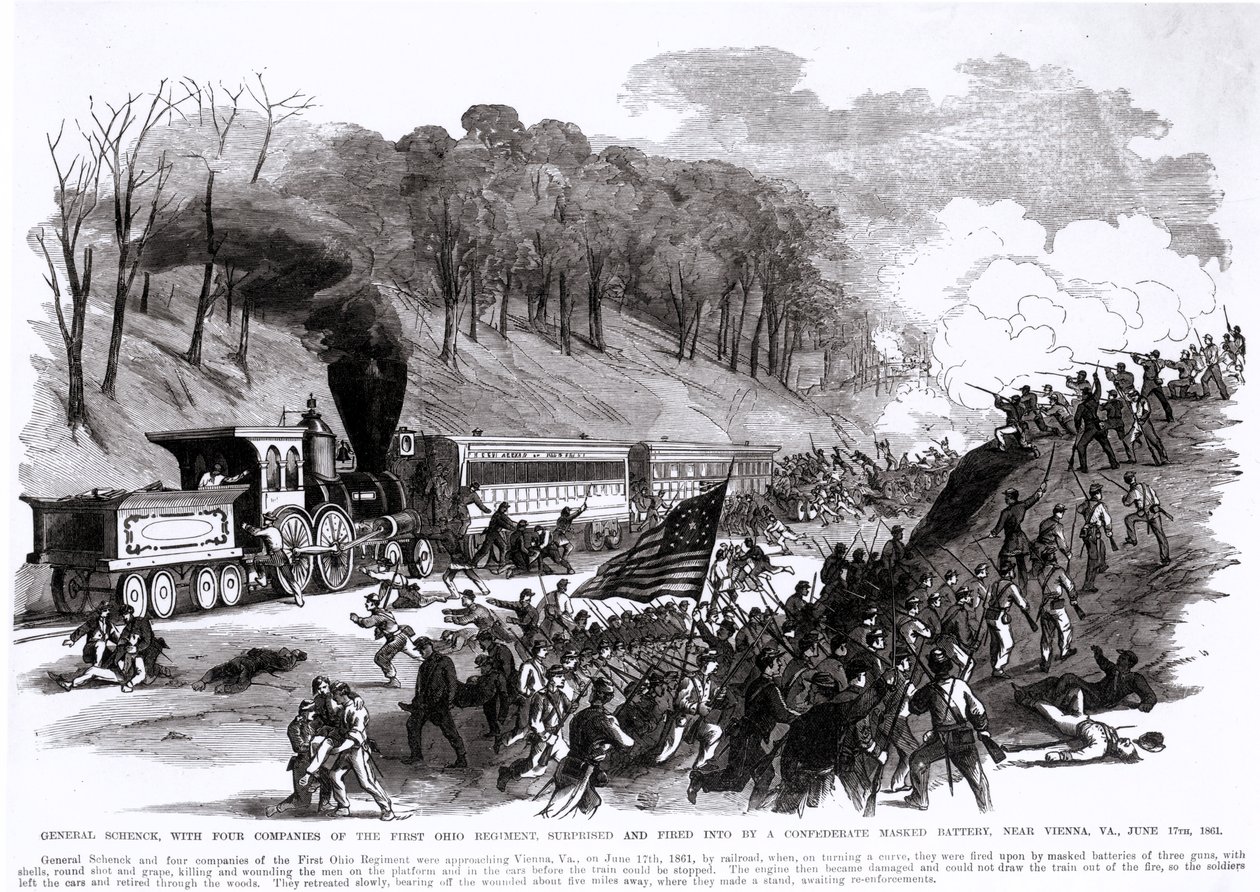 Generaal Schenck met Vier Compagnieën van het Eerste Ohio Regiment, Verrast en Beschoten door een Geconfedereerde Gemaskerde Batterij, nabij Wenen, VA., 17 juni 1861, uit 