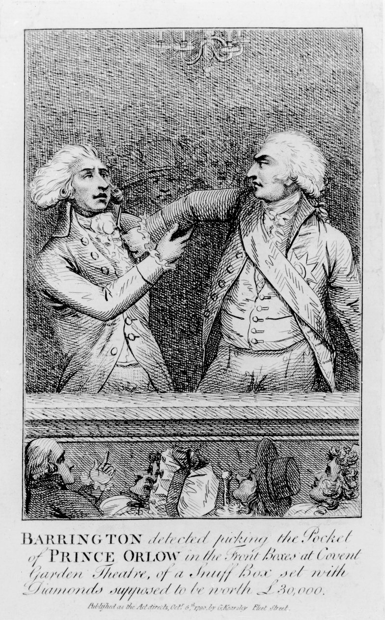 Barrington betrapt op het stelen van de zak van Prins Orlow in de voorste loges van het Covent Garden Theatre, van een snuifdoos bezet met diamanten die naar verluidt 30.000 pond waard is, gepubliceerd in 1790 door English School