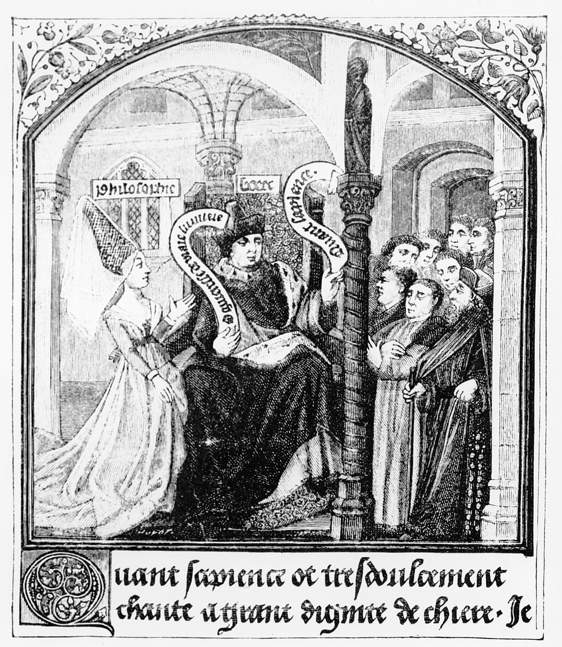 Boethius (480-524) raadpleegt Dame Filosofie, miniatuur uit 