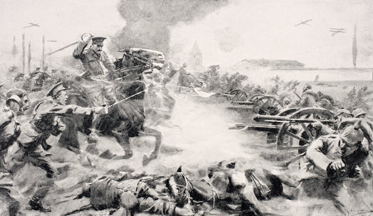 Kapitein F.O. Grenfell, VC, leidt de aanval van de 9e Lancers om veroverde kanonnen terug te nemen nabij Doubon, 24 augustus 1914, uit 