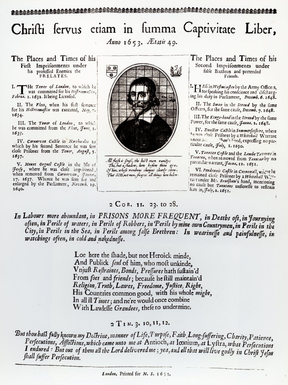 Christi Servus Etiam in Summa Captivitate Liber: een pagina uit een pamflet met een lijst van plaatsen en tijden van John Lilburne
