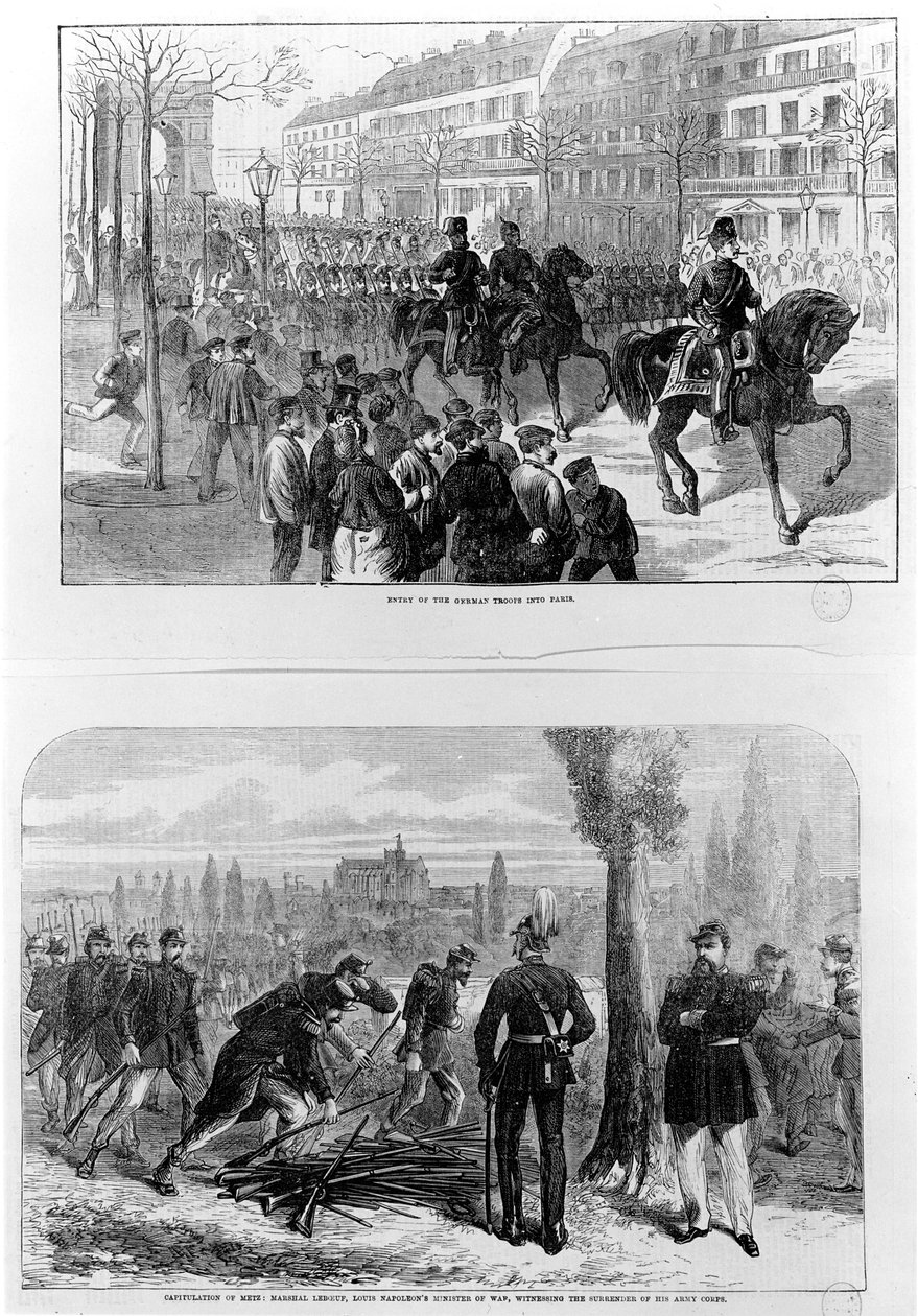 Intocht van de Duitse troepen in Parijs, 2 maart 1871; Capitulatie van Metz, 27 oktober 1870, maarschalk Leboeuf, minister van oorlog van Lodewijk Napoleon, getuige van de overgave van zijn legerkorps door English School