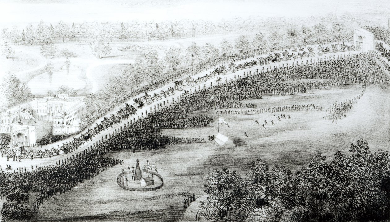 Hare Majesteit en escorte verlaten het paleis, uit een serie vogelvluchtperspectieven genomen op de dag van de kroning van koningin Victoria, gegraveerd door W Clerk, gepubliceerd door G S Tregear, 28 juni 1838 door English School
