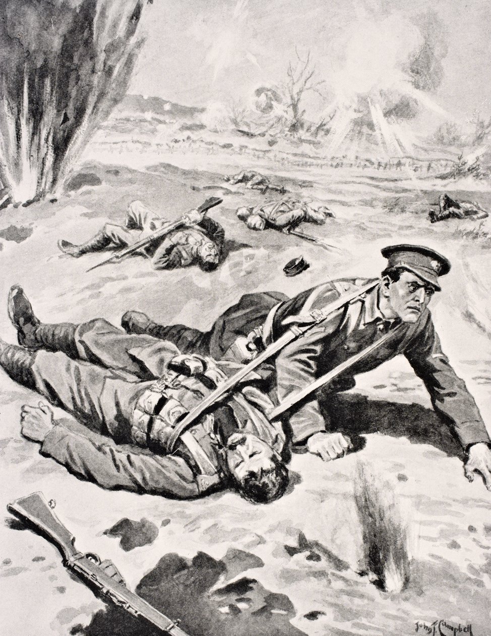 Lance-Corporal Joseph Tombs VC, met een van de vier gewonde kameraden die hij redde nabij Armentieres, Frankrijk, 16 juni 1915, uit 