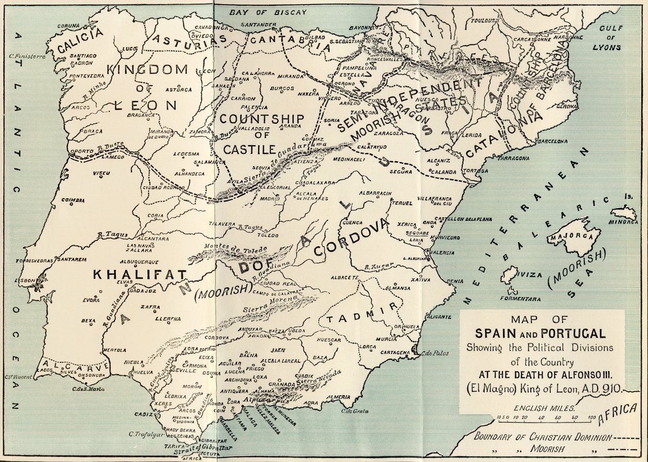 Kaart van Spanje en Portugal met de politieke indelingen in het land bij de dood van Alfonso III, koning van Leon, uit 