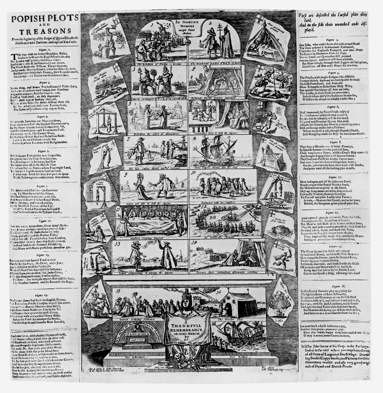 Popish Plots and Treasons vanaf het Begin van het Regeerperiode van Koningin Elizabeth, Geïllustreerd met Emblemen en Verklaard in Vers, gegraveerd door Cornelis Danckerts (c.1603-56) door English School