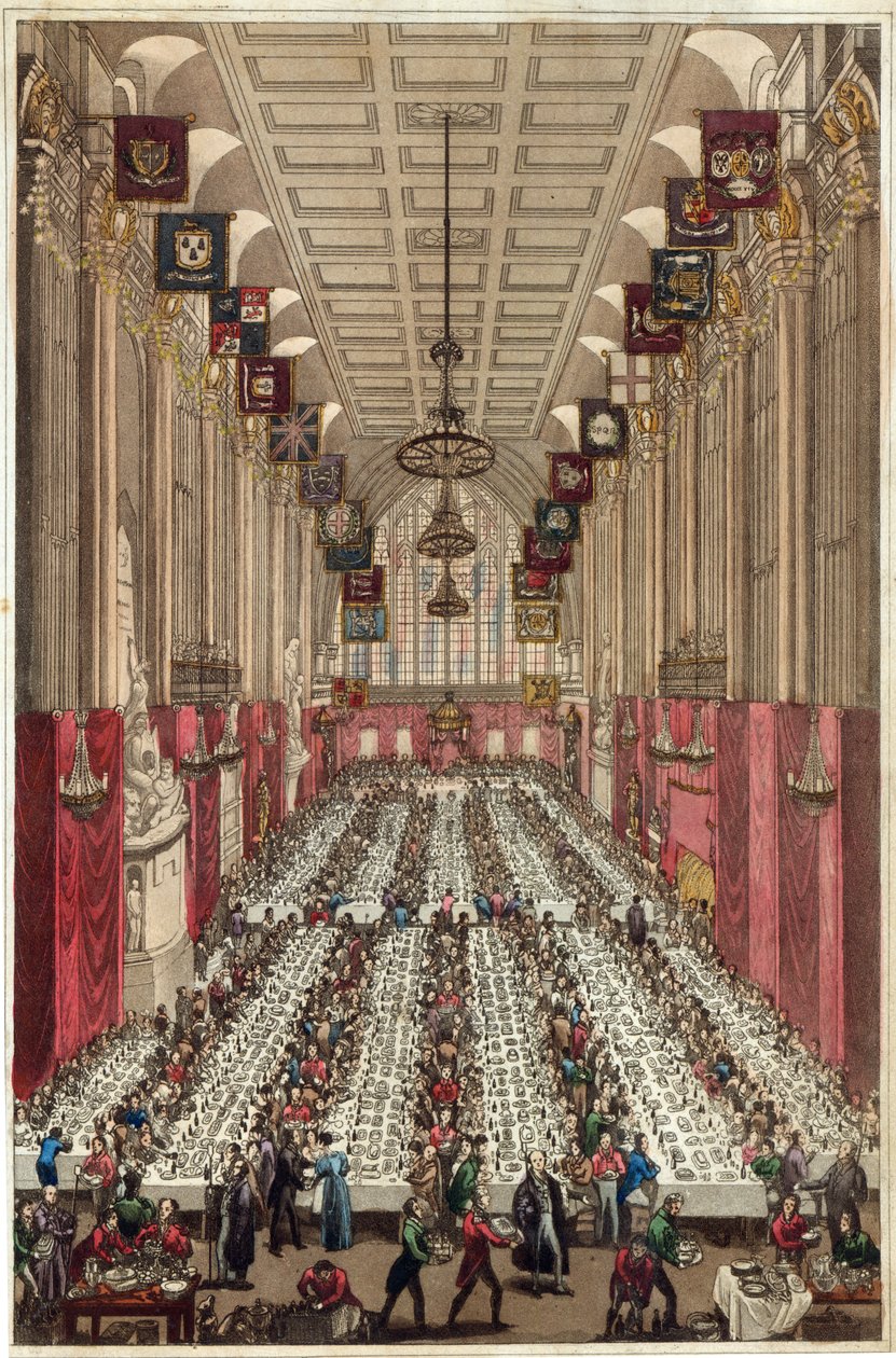 Weergave van het interieur van Guildhall bij gelegenheid van het bezoek van de koning en koningin, bij het inauguratiediner van Ald. Key tot burgemeester van Londen, 9 november 1830 door English School