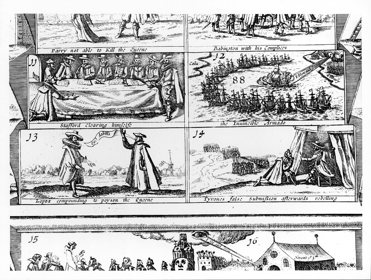 Stafford die zichzelf verdedigt, de Onoverwinnelijke Armada, Lopas die samenspant om de Koningin te vergiftigen, Tyrone
