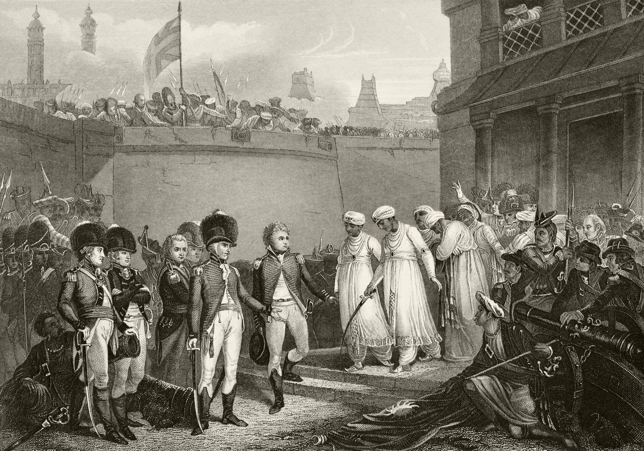 Overgave van de twee zonen van Tippoo Sultan tijdens het beleg van Seringapatam in de Derde Anglo-Mysore Oorlog, uit 